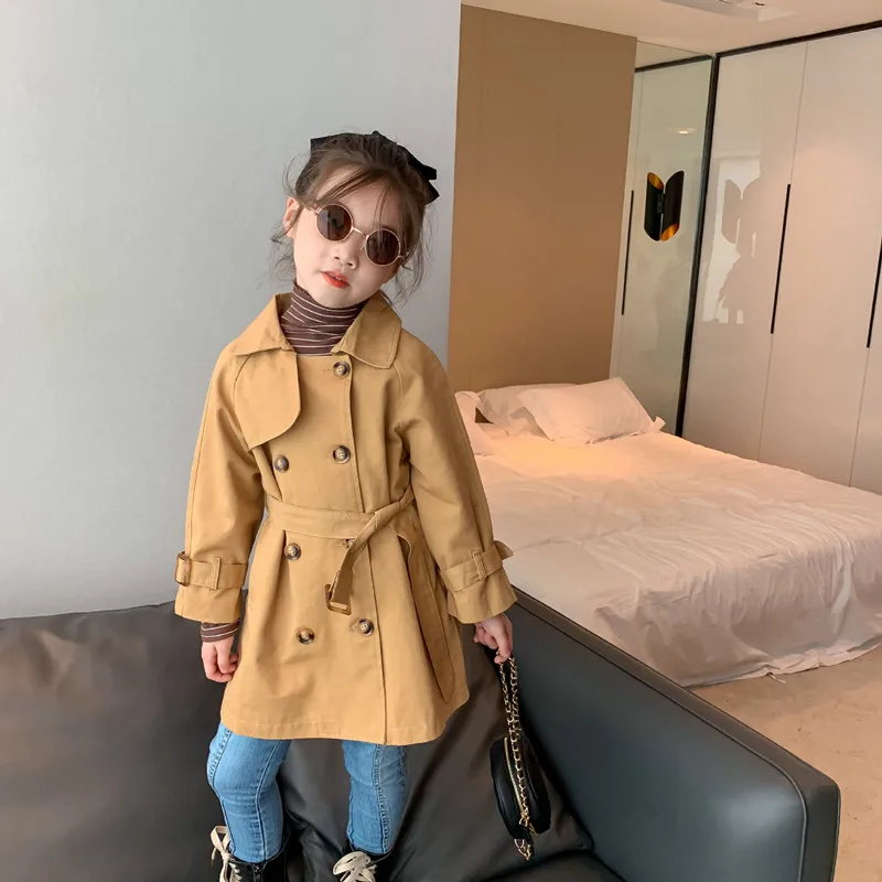 

DFXD England Style Children Girl Trench Coat Fashion Long Khaki Double-breasted Belt Windbreaker Jackets Kids Girls Coats 2-8Yrs