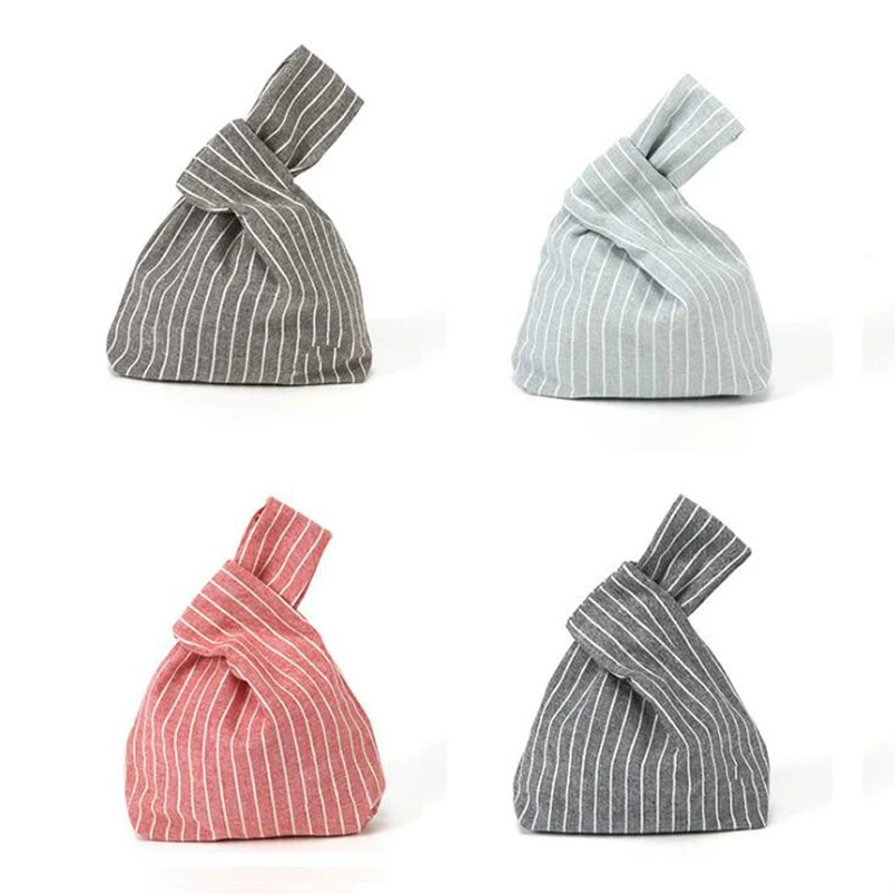Japanese Style Wind Simple Knot Wrist Bag Coin Purse Mobile Phone Key Small Bag Grid Stripe Handmade Square Cotton Fabric