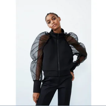 

2019 Autumn Winter Womens Sweatshirt Polka Dot Sheer Mesh Long Sleeve Sweatshirt Long Puff Sleeve Solid Color Jumper Zipper Coat