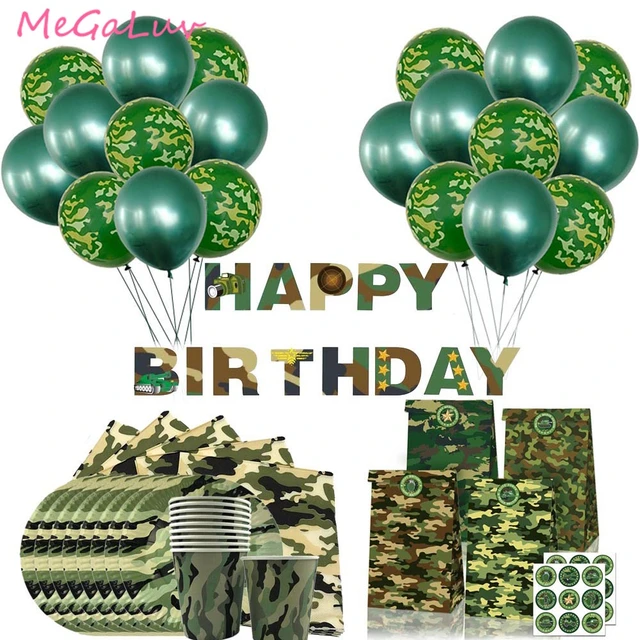 Vaisselle de fête Camouflage, assiette verte militaire, tasse, serviette,  ballons Camouflage, thème militaire, décorations de fête