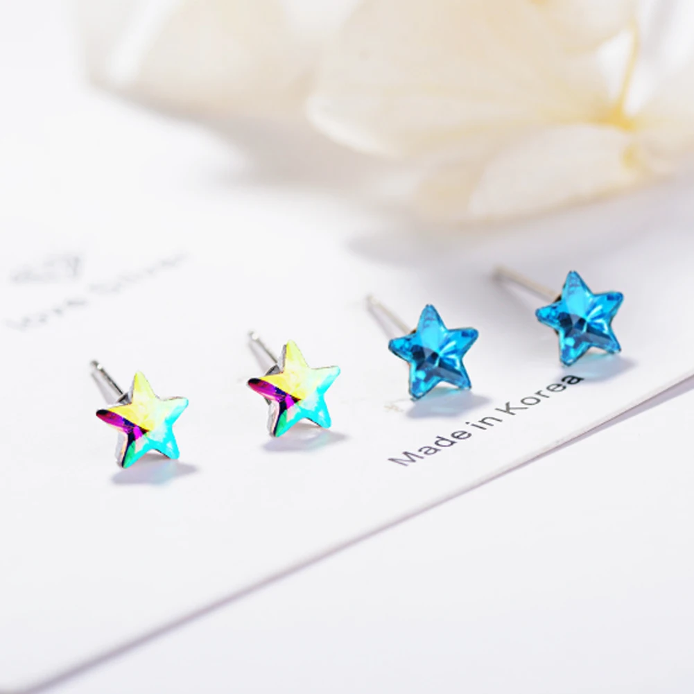 

Cute Little Blue Artificial Crystal Star Sterling Silver Earrings For Women Silver Studs Earring Gift Jewelry Accessories