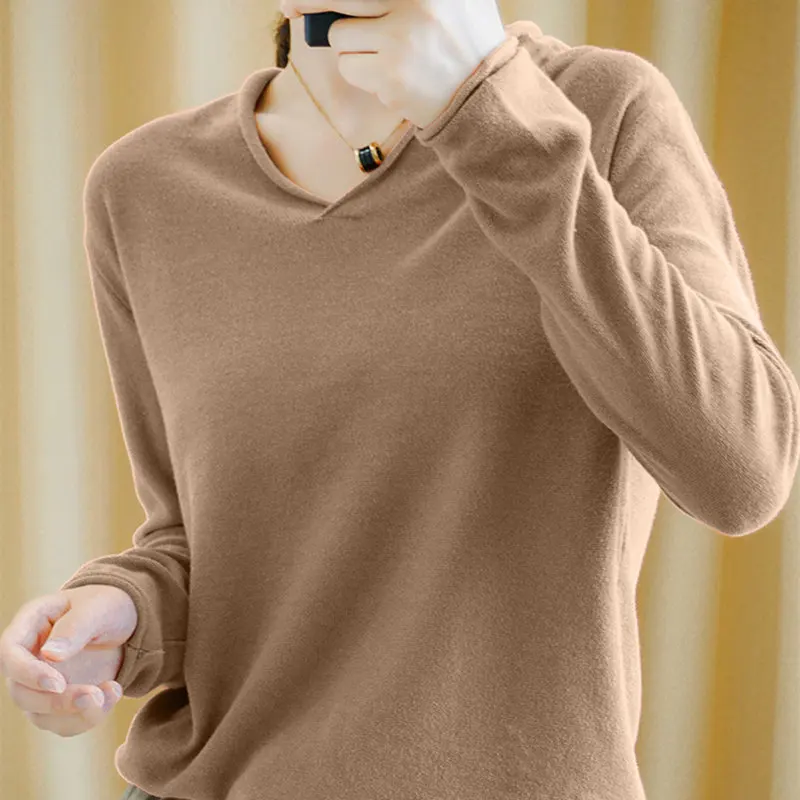 Smpevrg 19 хлопок вязаный свитер женский пуловер с v-образным вырезом и длинным рукавом Женский пуловер женский свободный модный джемпер
