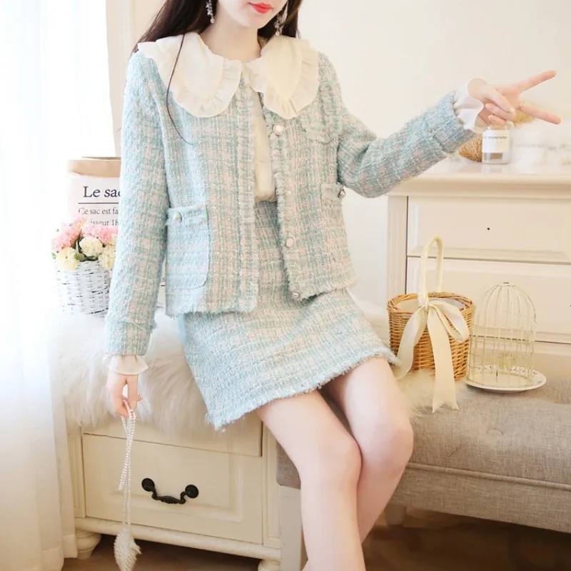 

Sweet Peter Pan Collar Shirts Long Sleeve Single Breasted Short Coats High Waist A-Line Skirts Womens Slim Tweed 3Pcs Outfits