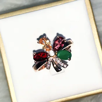 

CHAMSS Rose Gold Natural Colored Gemstone Flower Open Ring Elegant Temperament Female Romantic Birthday Gift