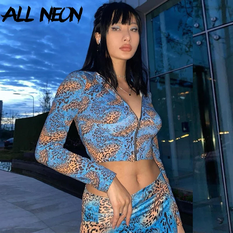 ALLNeon Y2K эстетика Леопардовый камуфляж печать соответствующие наборы E девушка