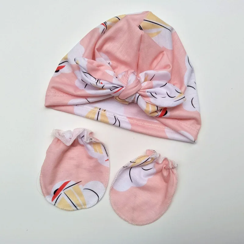 

2021 New Baby Striped Newborn Hat+ Gloves Children Rabbit Ear Knot Sleeve Indonesian Caps Baby Scratch Proof Gloves Hat Set