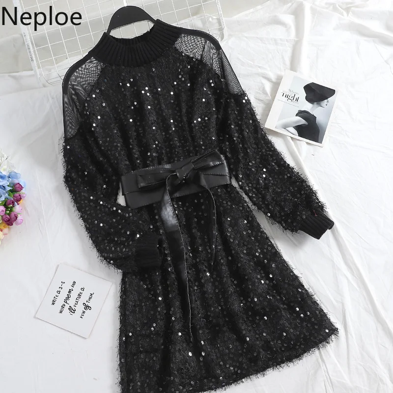 Neploe, новинка, приталенное, на шнуровке, темпераментные вечерние платья, водолазка, с блестками, с кисточками, в стиле пэчворк, кружевное, с длинным рукавом, Vestido, осень