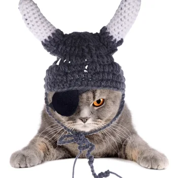 

1Pc Halloween Knitted Plush Handmade Adorable Cat Horn Cap Cat Animal Grooming Accessories Pet Cap Pet Apparel