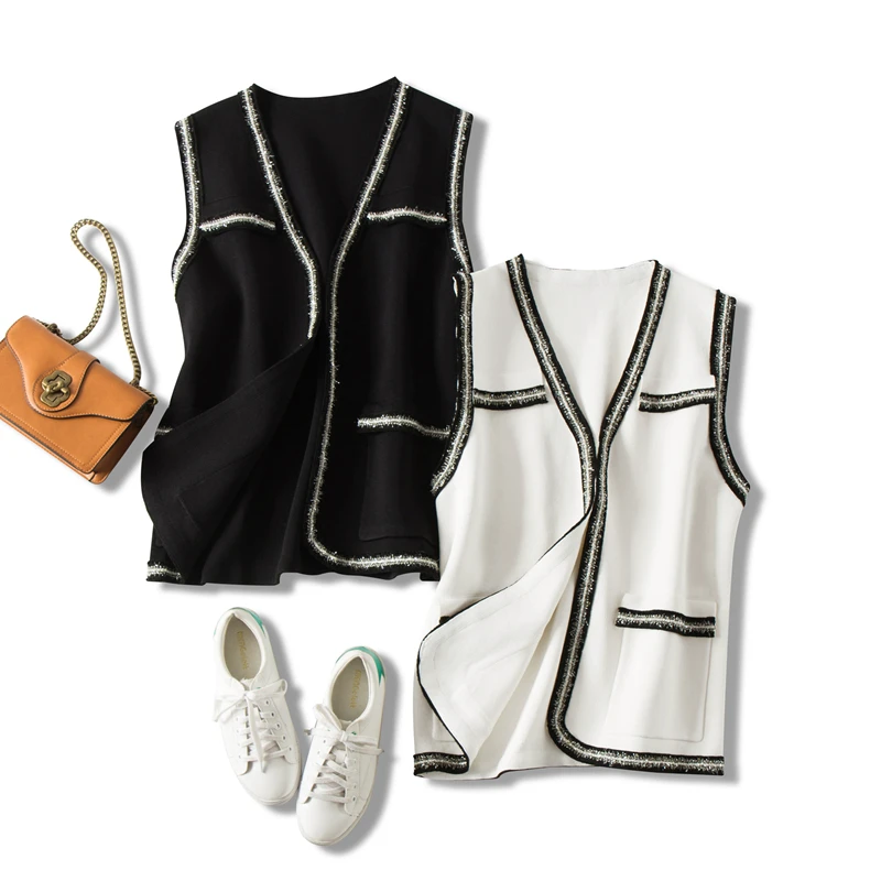 

Vest Women Viscose Blend Knitted Cardigan Elegant Simple Designs V Neck Spliced Pockets 2 Colors Sleeveless Coat Casual Fashion