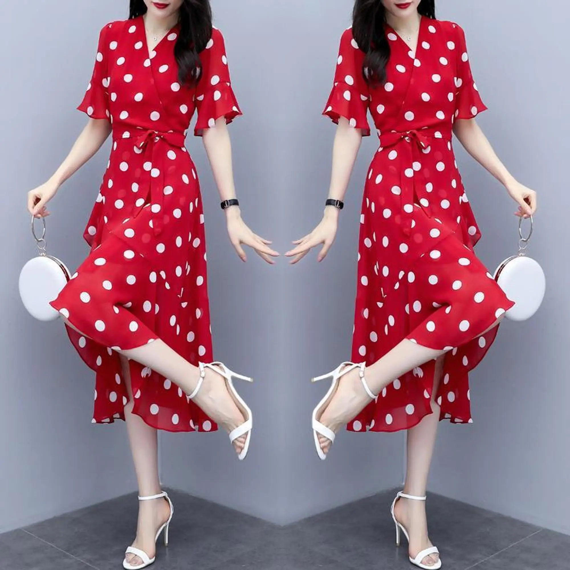 Polka Dot Dress 2020 Summer New Style V-neck Fairy Immortal Chiffon Dress Sweet Waist Hugging Slimming Dress