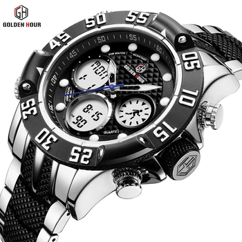 

GOLDENHOUR Fashion Stainless Steel Backlight Men Watch Automatic Digital Male Clock Waterproof Man Wrist Watch Relogio Masculino