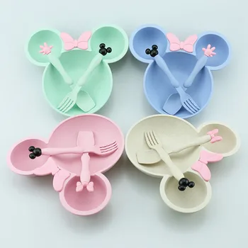 

3pcs/set Children Cartoon Wheat Straw Bowl Set Baby Dinner Feeding Plate Tableware Set Baby Training Eating Bowl Spoon Fork