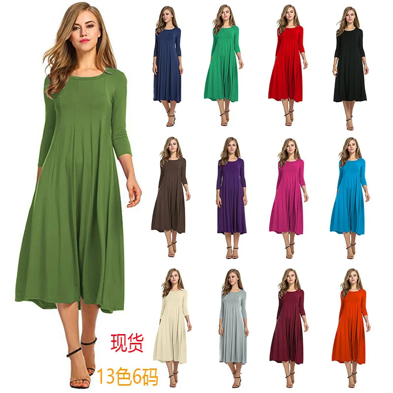 

2019 European And American-Style Autumn New Style Hot Selling O Neck Crew Neck Half-sleeve Shirt Solid Color Expandable Dress