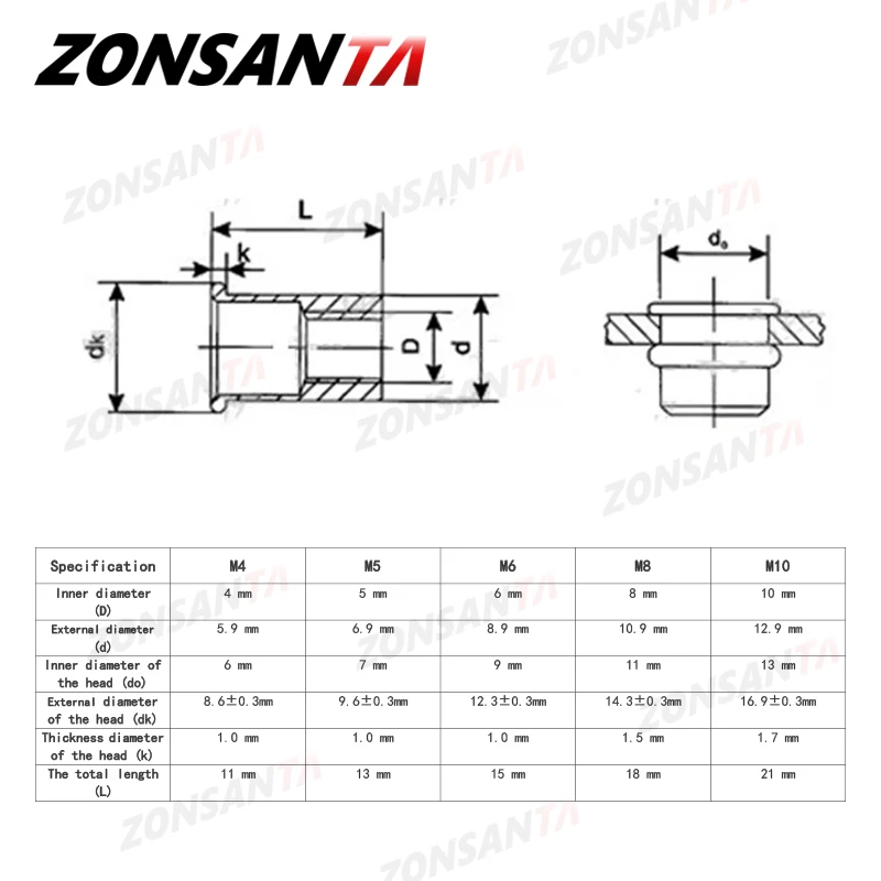 ZONSANTA 리벳 너트 304, 스테인리스 스틸 M4 M5 M6 M8 M10 리벳 너트, 플랫 헤드 스레드 리벳 인서트 너트서트 캡, 천공 리벳 너트