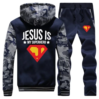 

Jesus Is My Superhero Mens Jacket Zip Winter Thick Hooded Sweatshirt+Sweatpants Male Streetwear 2 Piece Sets Camouflage Clothing