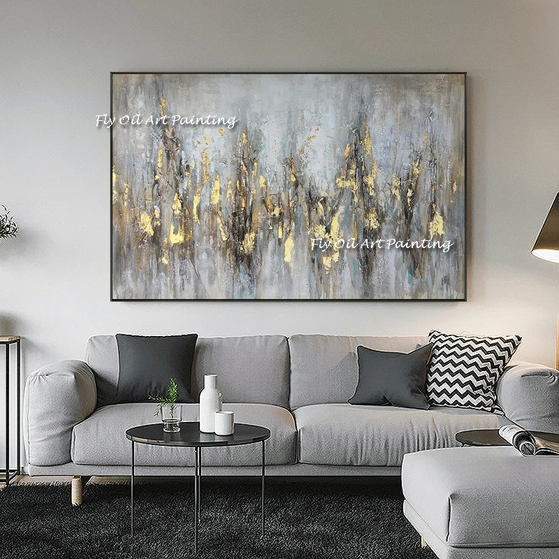 

Large Size Artist Hand-painted High Quality Abstract Grey with Gold Foil Painting Golden Foil 100% Oil Painting for Living Room