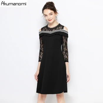 

Plus Size 5xl Xxxxl Black Dresses Spring Autumn Women With Lace Hollow Out Three Quarter Sleeve A-line Office Elegant Midi Dress