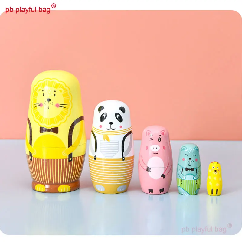 PB Playful Bag Five layer yellow lion cartoon animal Russian Dolls Wooden hand-painted craft gift Children's creative Toys HG86 handmade wooden russian nesting animals creative five layered traditional toy for kids christmas gift