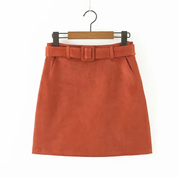 

Vintage women suede fabric skirts 2020 summer fashion ladies a-line skirt with belt elegant female solid brown girls chic skirt