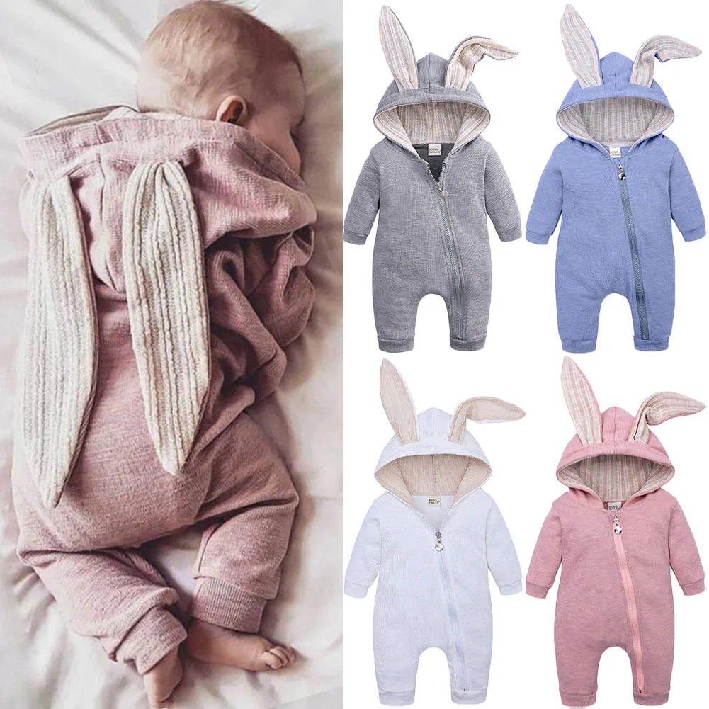 Комбинезон-кролик с длинными ушками и капюшоном для новорожденных мальчиков и девочек от 0 до 24 месяцев, комбинезон с кроликом, осенне-зимние костюмы для маленьких мальчиков и девочек