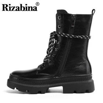 

RIZABINA Thick Bottom Real Leather Ankle Boots Women Zipper Round Toe Casual Shoes Solid Color Daily Women Footwear Size 34-39