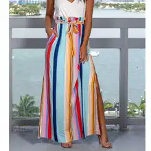 Модная длинная юбка в полоску с разрезом по подолу, с эластичной резинкой на талии, женские элегантные юбки на осень и весну