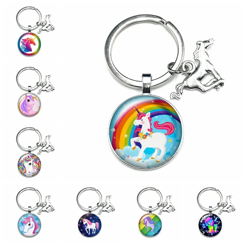 

1pcs Super Keychain Gift Fashion Personality Cartoon Anime Unicorn Glass Convex Children Bag Keychain Pendant Jewelry
