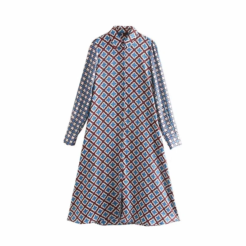 Geometric Printing Turn-down Collar Women Shirtwaist Dress Autumn Leisure Lady Long Sleeve Loose Dresses D3675
