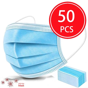 

50Pcs Antivirus 1 Disposable Mask Virus Nonwove 3 Layer Ply Filter Mouth Face Mask Dust BFE95 Meltblown Mouth Masks 50 Pcs