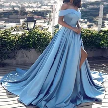 Выпускные платья с открытыми плечами длинное официальное вечернее платье с вырезом лодочкой Синие атласные вечерние платья с разрезом спереди vestido de formatura