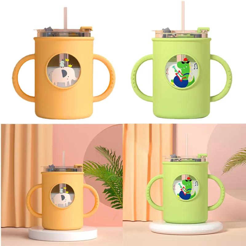 

250ml Baby Glass Water Bottle with Lid Toddler Learning Drinking Milk Cup Portable Double Handle Water Mugs Silicone Cover