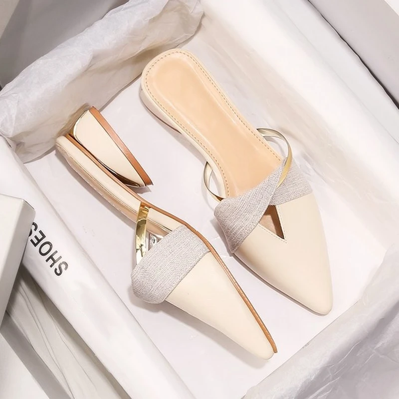 Ladies Slippers Pumps Office-Shoes Low-Heel Women Mules Pointed-Toe Sexy Summer Beige