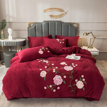 

New Winter milk velvet bed set Red Grey flower warm duvet cover fleece bed flat/fitted sheet Chinese classic beding set Queen