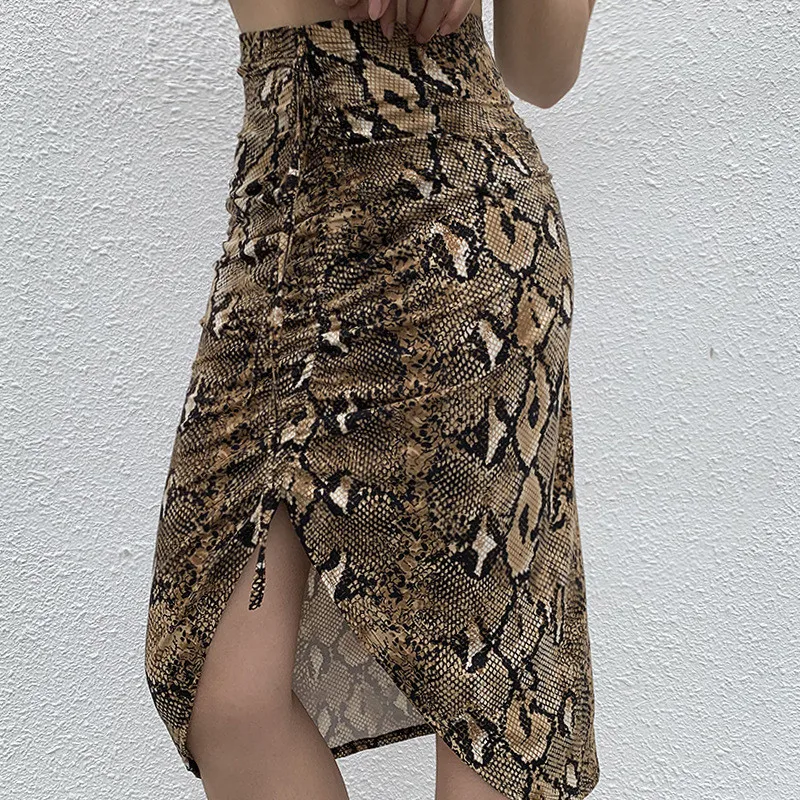 Hugcitar high waist snakeskin ruched sexy midi skirt autumn winter women streetwear outfits bodycon clubwear