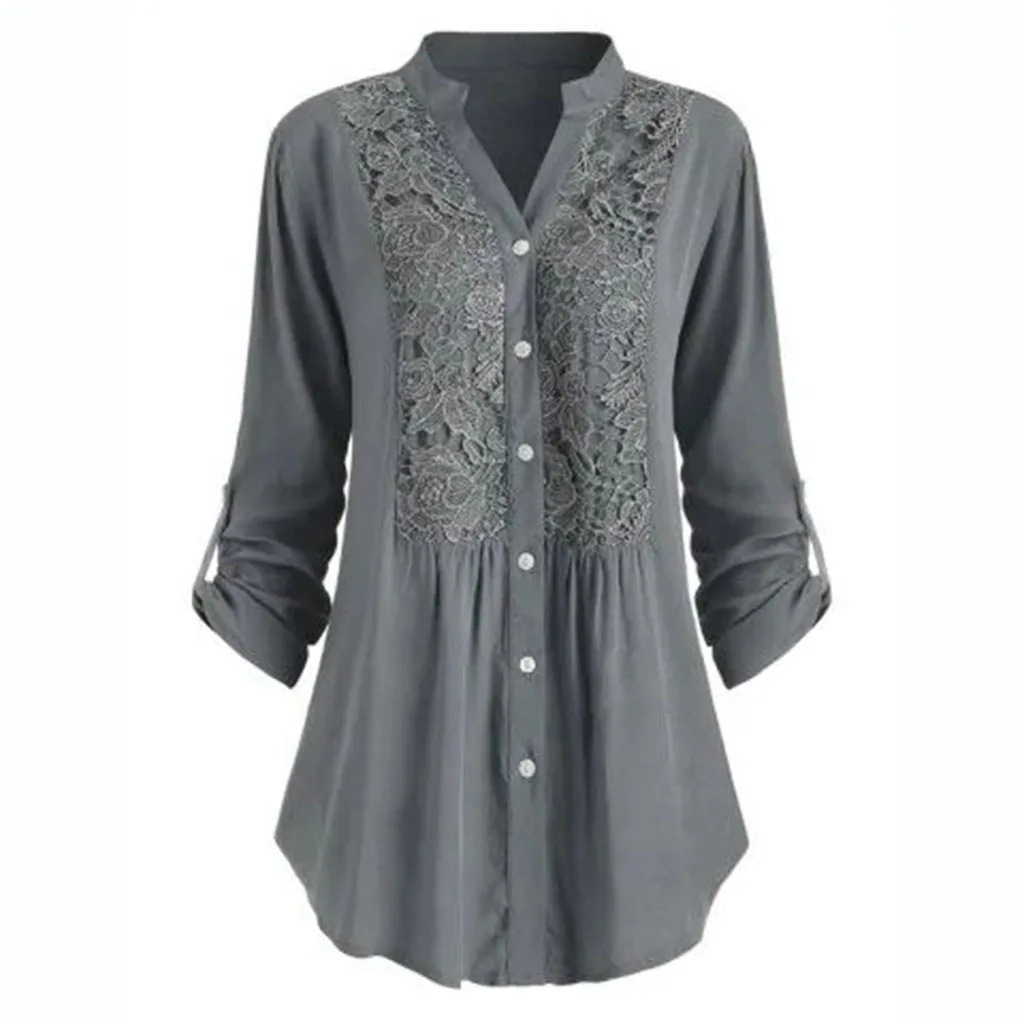 Womail Женская Осенняя блузка с длинным рукавом, элегантная Офисная Рабочая Рубашка, Кружевная блуза на пуговицах, повседневная женская блуза, большие размеры 926