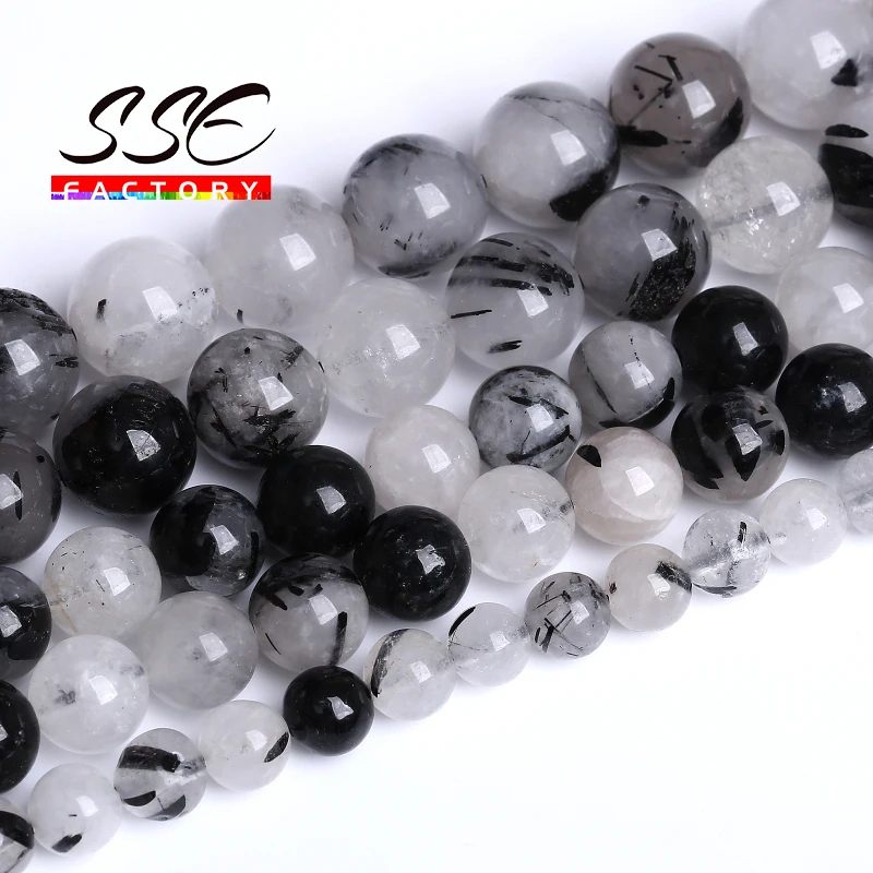 

Natural Black Rutilated Quartz Beads Crystal Round Loose Spacer Beads For Jewelry Making DIY Bracelet Necklace 4 6 8 10 12mm 15"