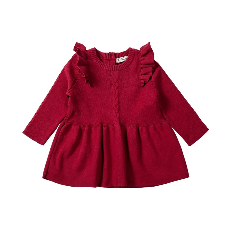 PUDCOCO/милые детские топы для маленьких девочек; платье-свитер с оборками и длинными рукавами; однотонное вязаное теплое платье; платье трапециевидной формы; одежда; сезон осень-зима; От 0 до 5 лет - Цвет: Красный