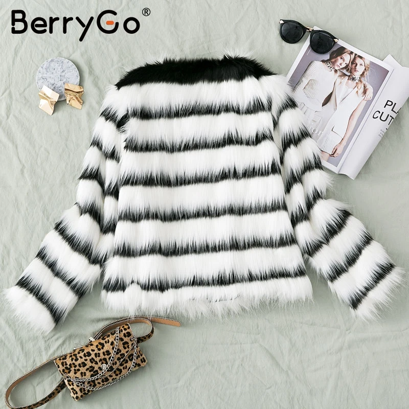 BerryGo, плюс размер, Женское пальто из искусственного меха, элегантное, в полоску, Осень-зима, женские куртки, пальто, большие размеры, модные женские теплые пальто
