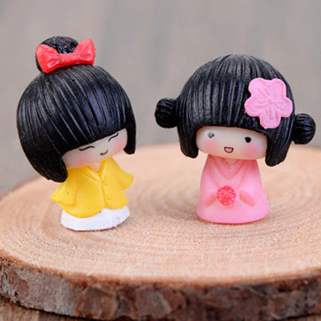 Set Of 10pcs Miniature Bonsai Garden Landscape DIY Dollhouse Furnishing Decoration, Cute Girl In Kimono