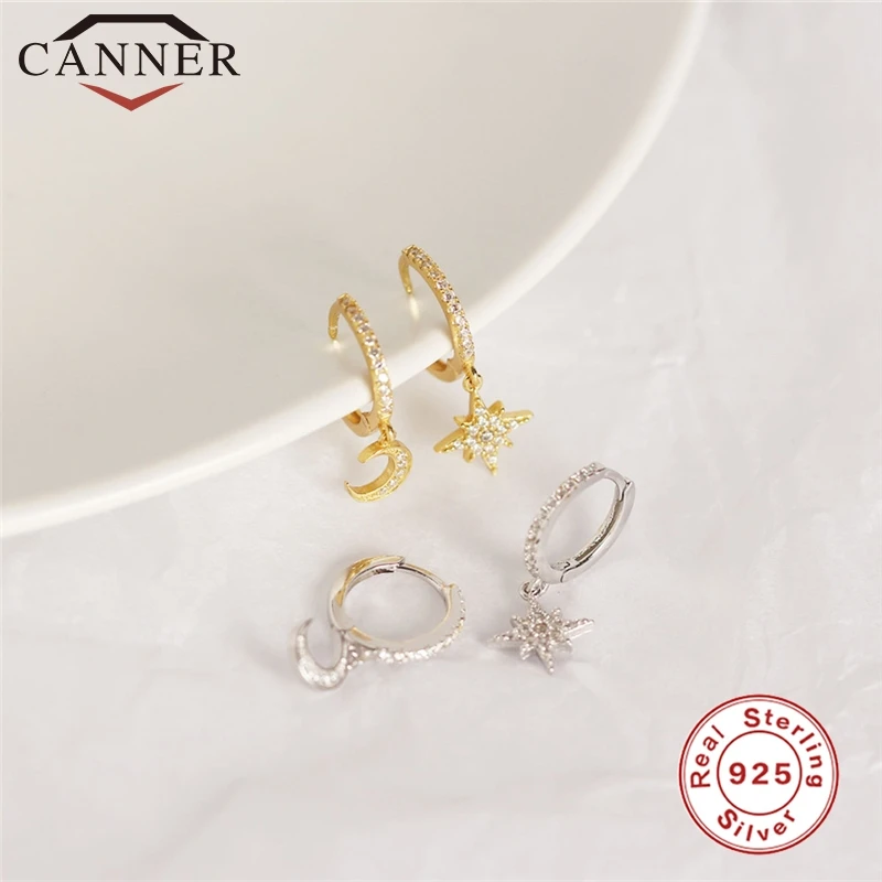 INS Style 925 Sterling Silver Charming Geometric Minimalist Zircon Hoop Earrings Moon/Shell Gold Round Jewelry | Украшения и