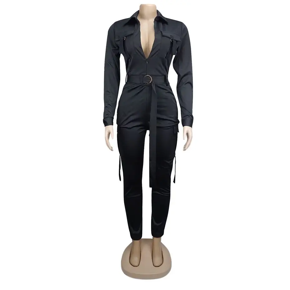 HAOYUAN с длинным рукавом Bodycon Комбинезоны модные Боди Комбинезоны цельный осень зима наряд женские комбинезоны спортивный костюм - Цвет: Черный