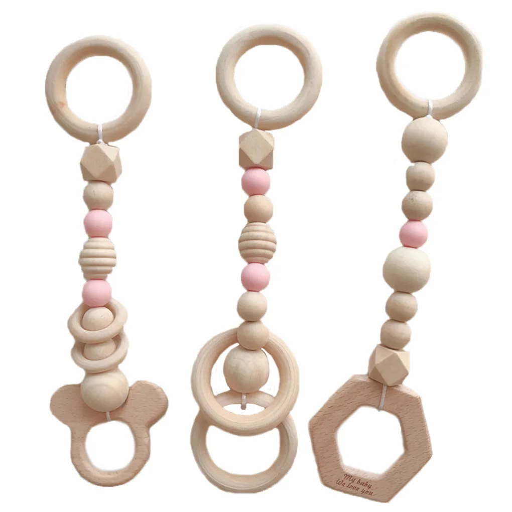 New 3PCS/Set Baby Play Gym Silicone Beads Wood Teether Toddler Hanger Rattle Wood Ring Teething Toys Newborn Baby Pram Toy