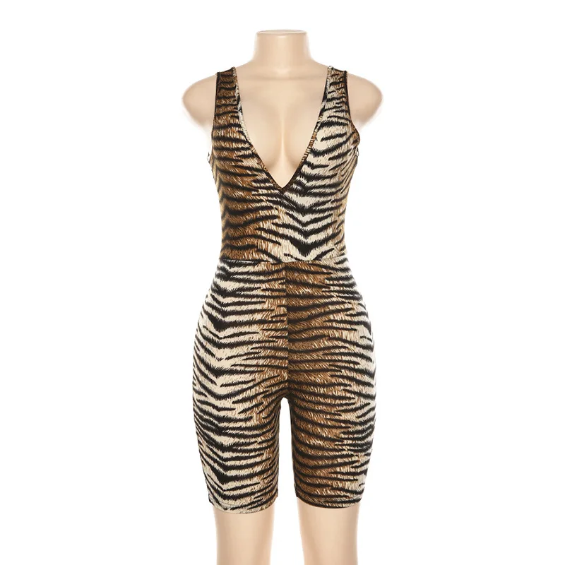 tiger print Криптографический сексуальный леопардовый комбинезон без рукавов с глубоким v-образным вырезом, женский комбинезон, Короткий Летний Уличная одежда, Модный женский комбинезон - Цвет: tiger print