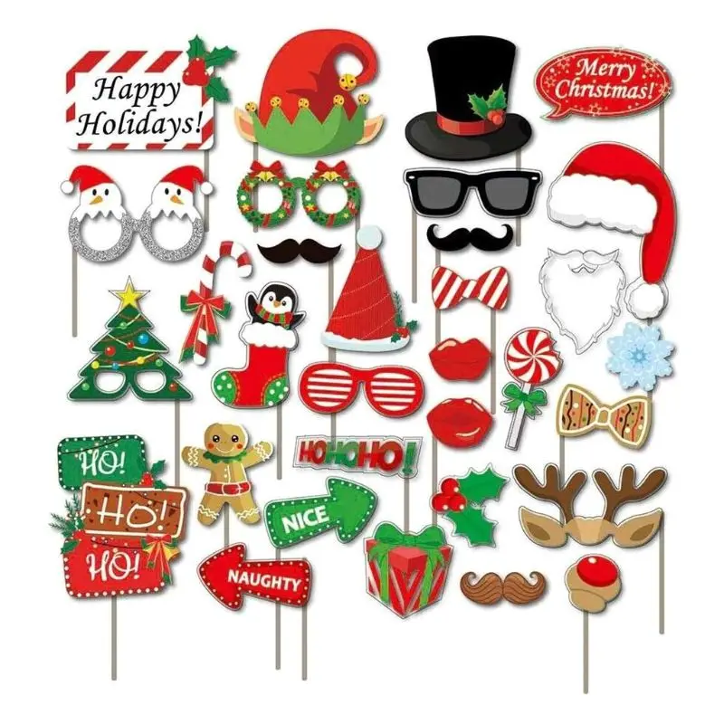 32PCS Christmas Party Photo Booth Props Supplies with Paper Frame for Xmas decor