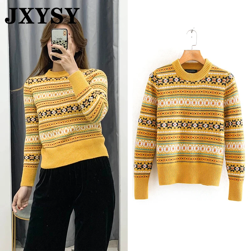 JXYSY sweaters women vintage folk-custom hit color texture o-neck knitting jumper pull femme pullovers tops | Женская одежда