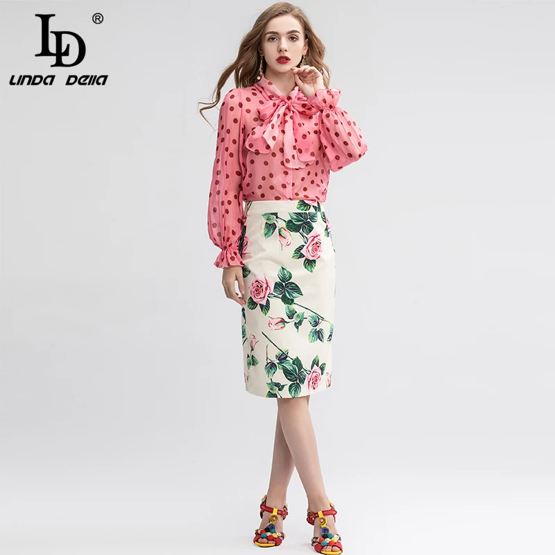 LD LINDA делла летний модный подиумный повседневный костюм женские блузки и юбки с цветочным принтом розы комплект из двух предметов элегантные костюмы - Цвет: Многоцветный