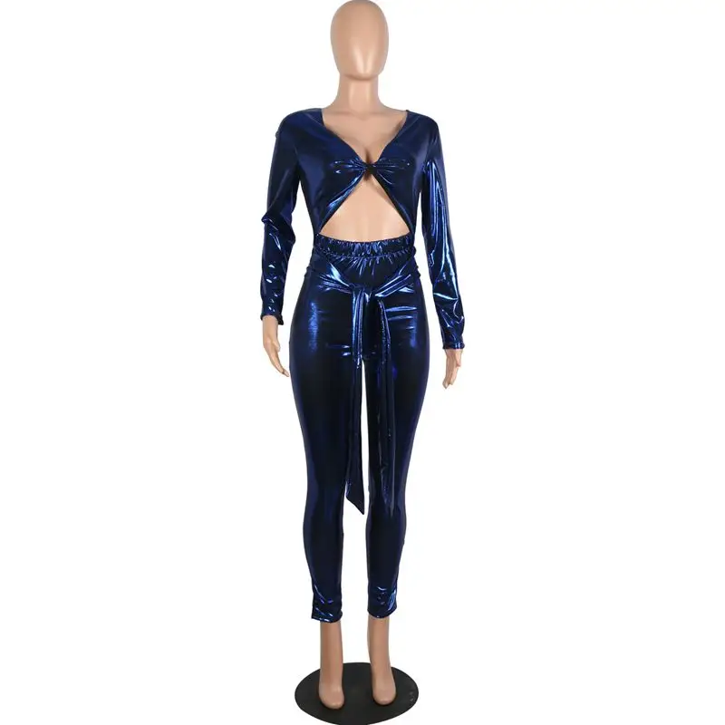 Blue HAOYUAN, сексуальный блестящий бандажный комбинезон, Модный комбинезон Nova, цельный клубный наряд, Облегающий комбинезон с длинным рукавом, женский комбинезон - Color: Blue