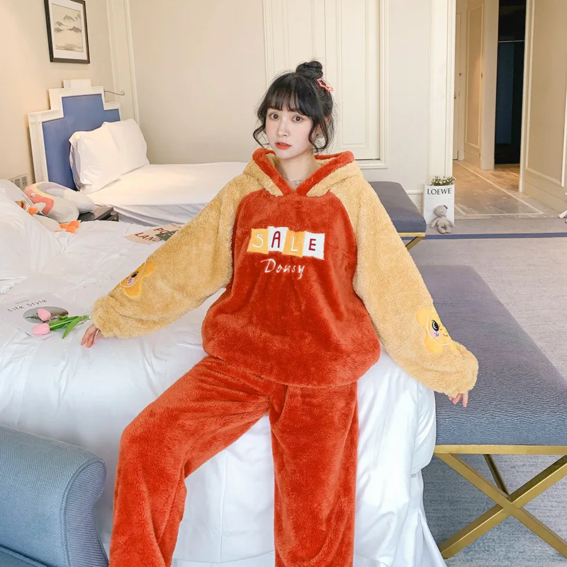 

2020 New Autumn and Winter Pajamas Female Flannel Lovely Student Thickened Fluffy Coral Fleece Long Sleeve Home Wear