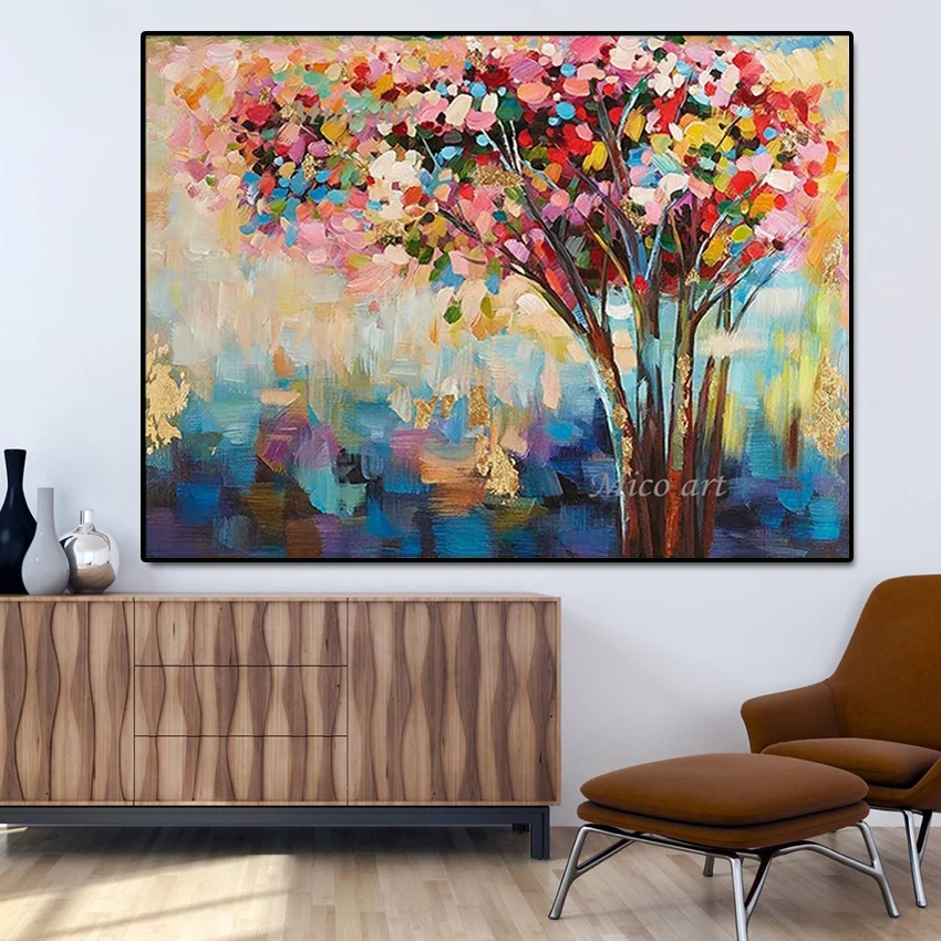 Unframed Abstract Colorful Leaf Textured Tree Pictures 100% Hand Painted Oil Painting Canvas Wall Art Home Decoration Paintings