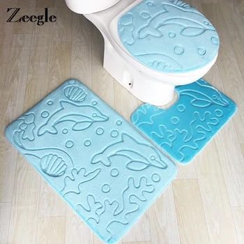 

Zeegle 3D Dolphin Bathroom Carpet Bath Mat Set Flannel Sponge Toilet Rugs Anti-slip Absorbent Bathroom Rugs Floor Mats